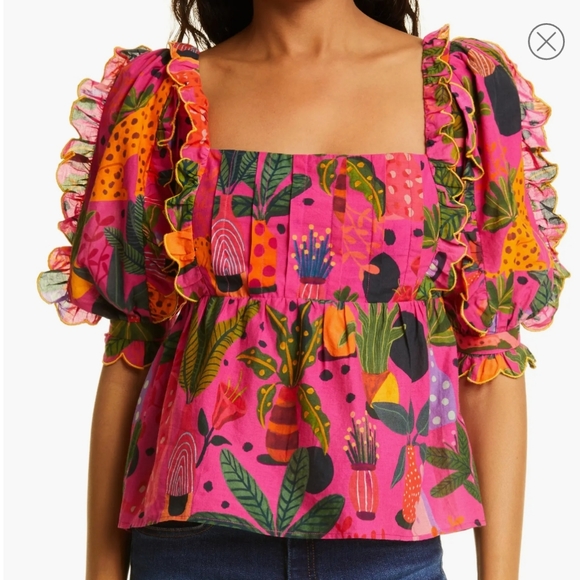 Farm Rio Pop Leopards Blouse Size Small NWT Valentine's Spring Beach Vacay - Picture 4 of 16